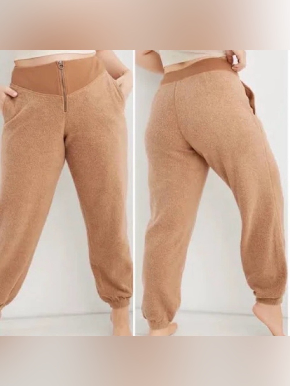 aerie Tan High-Waist Fleece Joggers with Zip Front, XL, GUC